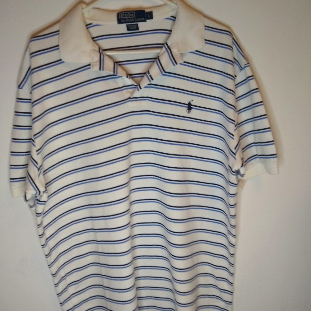 Ralph Lauren Blue & Black Stripe polo knit shirt, Sz L